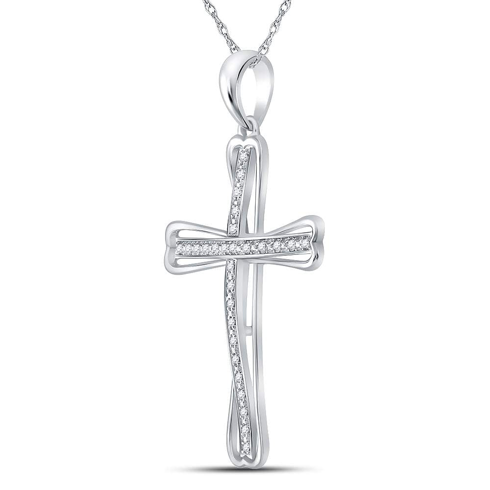 Sterling Silver Womens Round Diamond Cross Pendant 1/10ctw