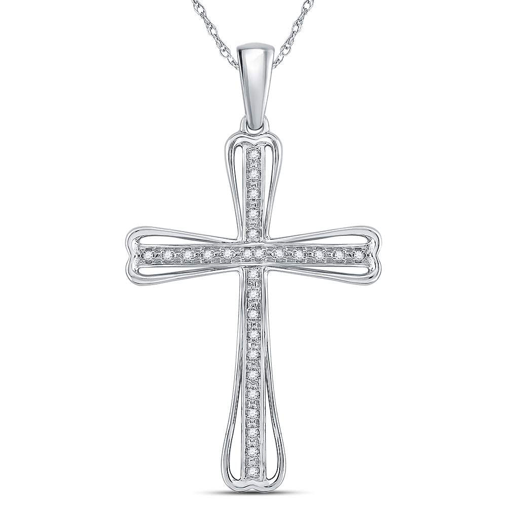 Sterling Silver Womens Round Diamond Cross Pendant 1/10ctw