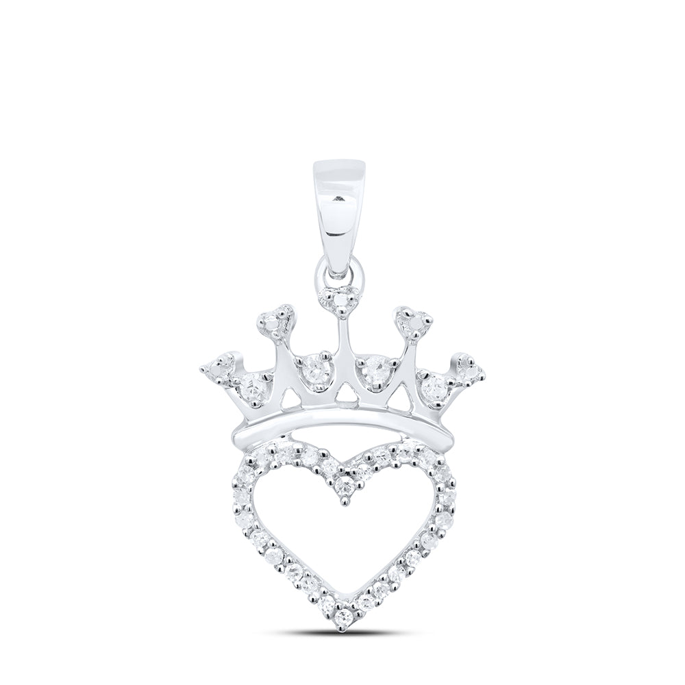Sterling Silver Womens Round Diamond Crown Heart Pendant 1/10ctw, Length: 0.81 Inch Width: 0.5 Inch