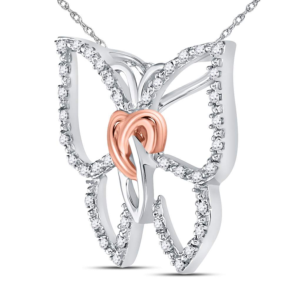 Sterling Silver Womens Round Diamond Butterfly Bug Heart Pendant 1/10ctw