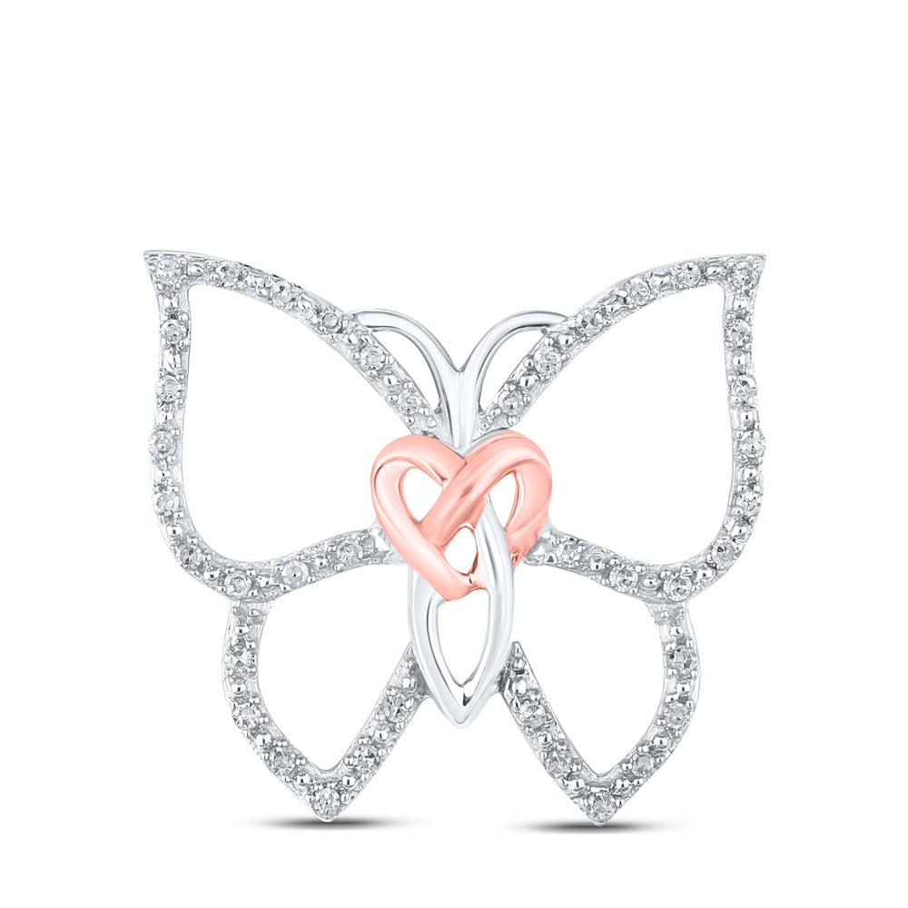 Sterling Silver Womens Round Diamond Butterfly Bug Heart Pendant 1/10ctw