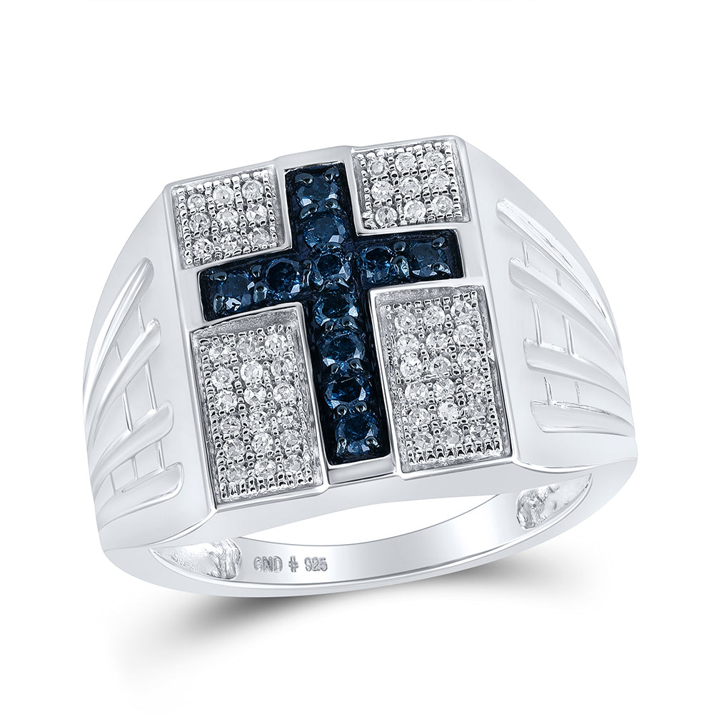Sterling Silver Mens Round Blue Color Enhanced Diamond Cross Religious Ring 1/2 Cttw, Mens Size: 7-13