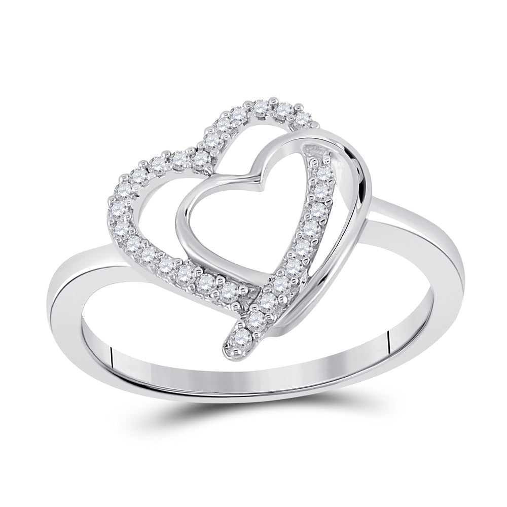 Sterling Silver Womens Round Diamond Double Heart Ring 1/6 Cttw, Womens Size: 5-10