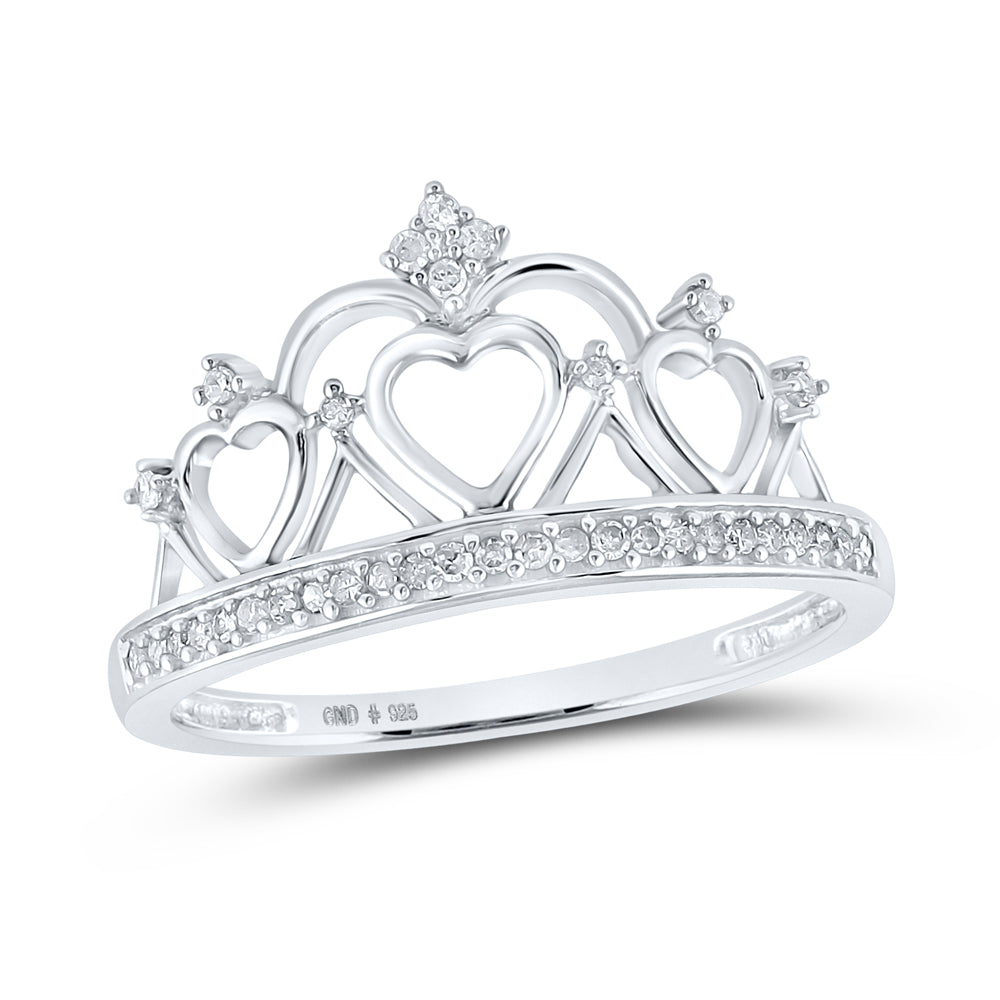 Sterling Silver Womens Round Diamond Heart Crown Tiara Fashion Ring 1/6 Cttw, Womens Size: 5-10