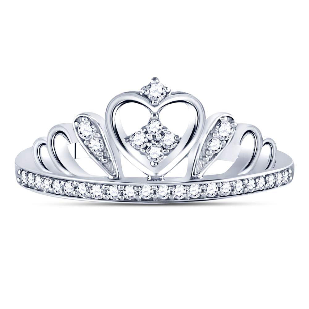 Sterling Silver Womens Round Diamond Crown Tiara Heart Ring 1/6 Cttw, Womens Size: 5-10