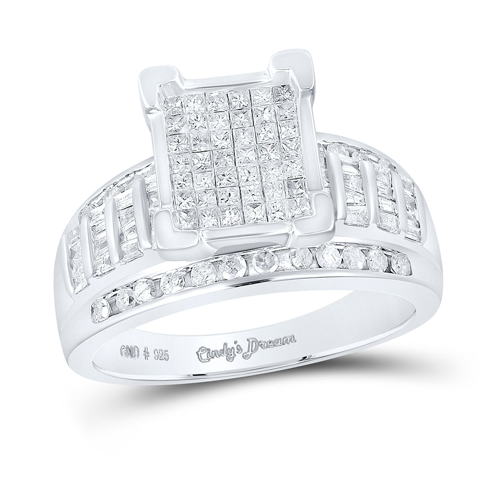 Sterling Silver Princess Diamond Square Cluster Bridal Wedding Engagement Ring 1 Cttw, Womens Size: 5-10