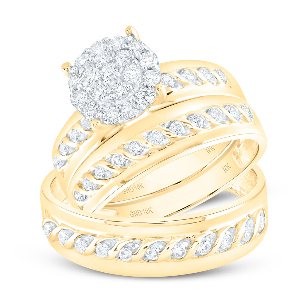 10K Yellow Gold His Hers Round Diamond Cluster Matching Wedding Set 3/4 Cttw, Womens Size: 5-10, Mens Size: 7-13