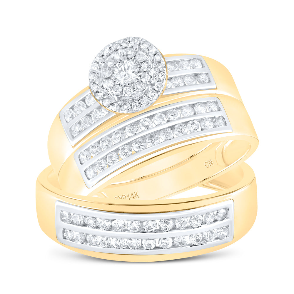 14K Yellow Gold His Hers Round Diamond Cluster Matching Wedding Set 7/8 Cttw, Womens Size: 5-10, Mens Size: 7-13