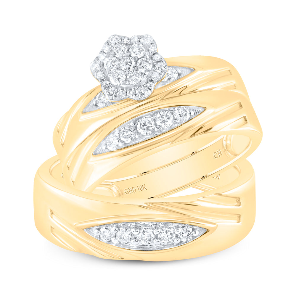 10K Yellow Gold His Hers Round Dia. Cluster Matching Wedding Set 0.5 ct, Women's Sz: 5-10, Men's Sz: 7-13