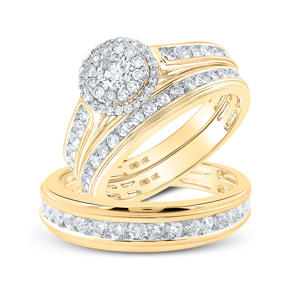 14K Yellow Gold His Hers Round Diamond Halo Matching Wedding Set 1-5/8 Cttw, Womens Size: 5-10, Mens Size: 7-13