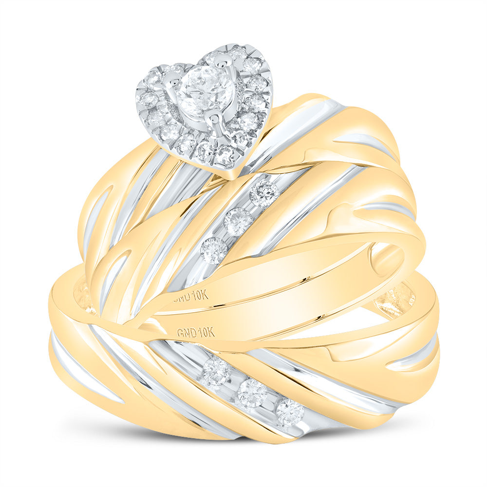 10K Yellow Gold His Hers Round Diamond Heart Matching Wedding Set 3/8 Cttw, Womens Size: 5-10, Mens Size: 7-13