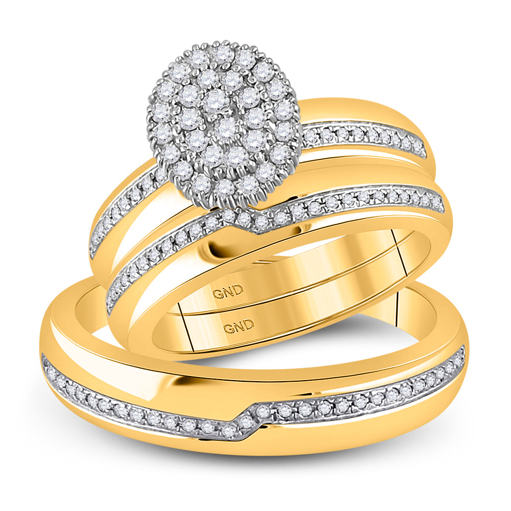 10kt Yellow Gold His & Hers Round Diamond Cluster Matching Bridal Wedding Ring Band Set 1/2 Cttw, Women Size: 5-9, Men Size: 8-12