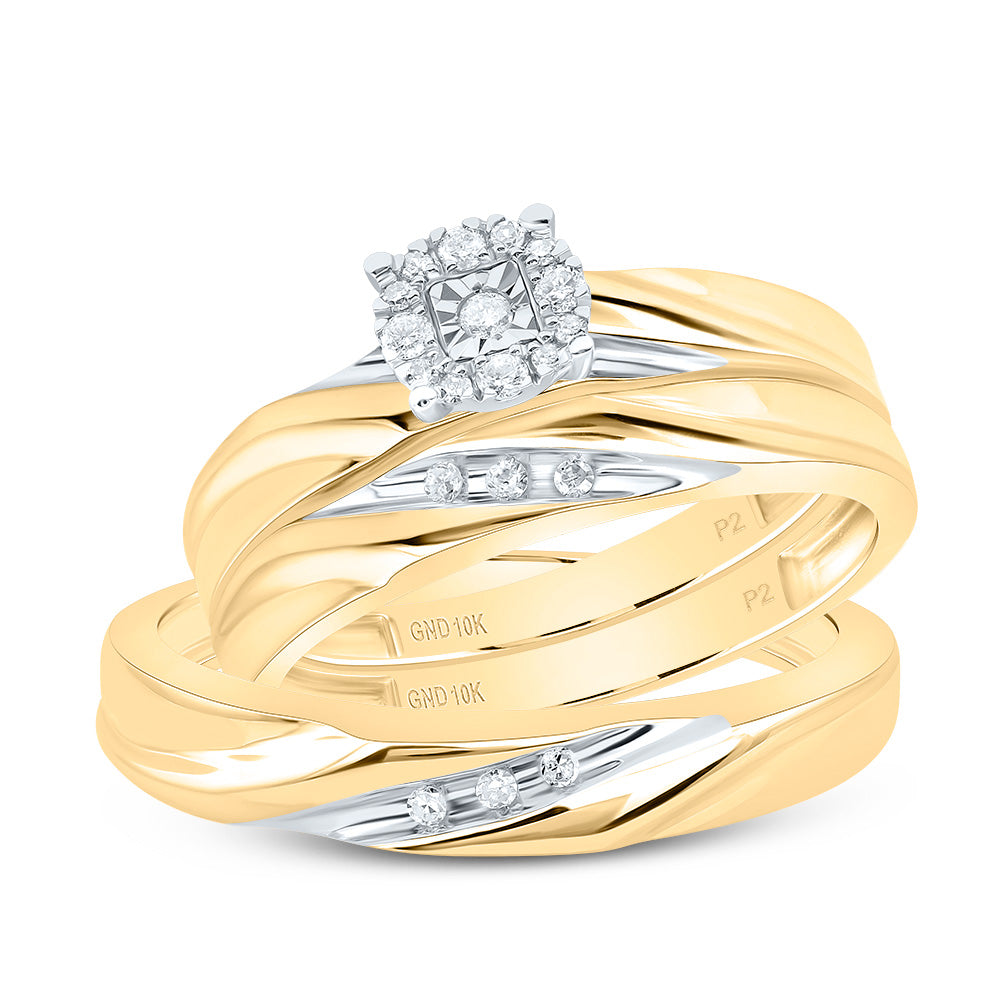 10K Yellow Gold His Hers Round Diamond Solitaire Matching Wedding Set 1/8ctw, Womens Size: 5-10, Mens Size: 7-13