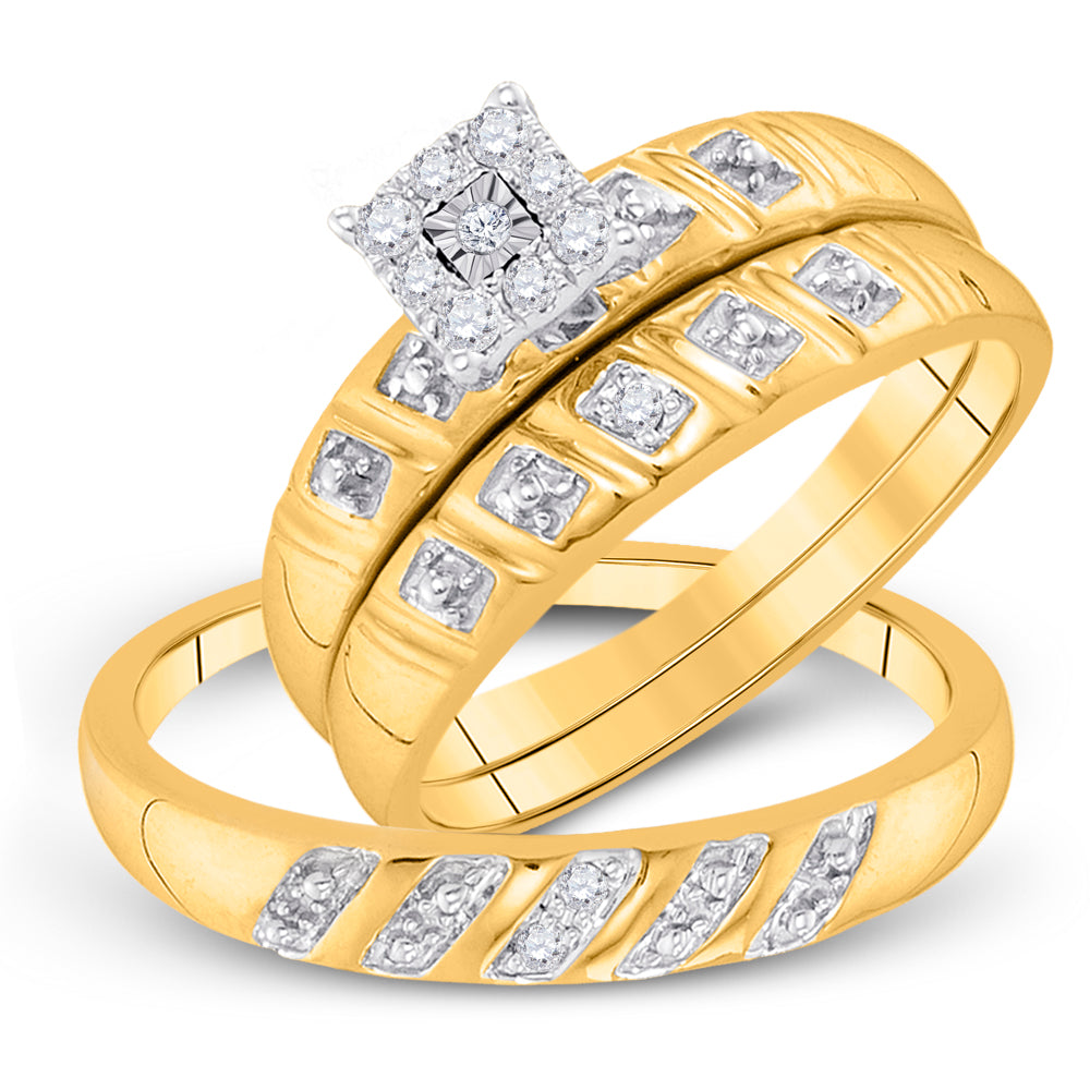10K Yellow Gold His Hers Round Diamond Cluster Matching Wedding Set 1/8ctw, Womens Size: 5-10, Mens Size: 7-13