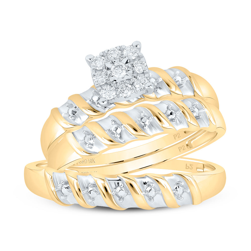 10K Yellow Gold His Hers Round Diamond Solitaire Matching Wedding Set 1/8 Cttw, Womens Size: 5-10, Mens Size: 7-13