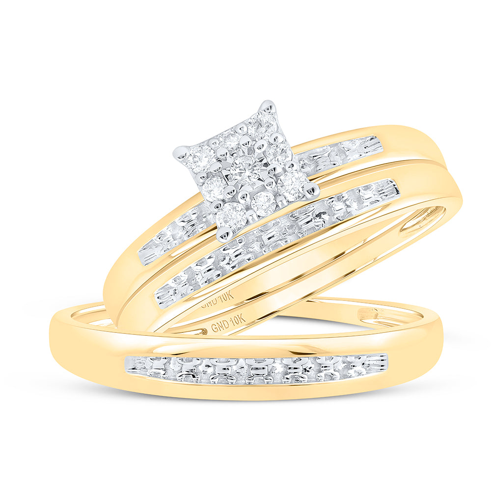 10K Yellow Gold His Hers Round Diamond Solitaire Matching Wedding Set 1/10 Cttw, Womens Size: 5-10, Mens Size: 7-13