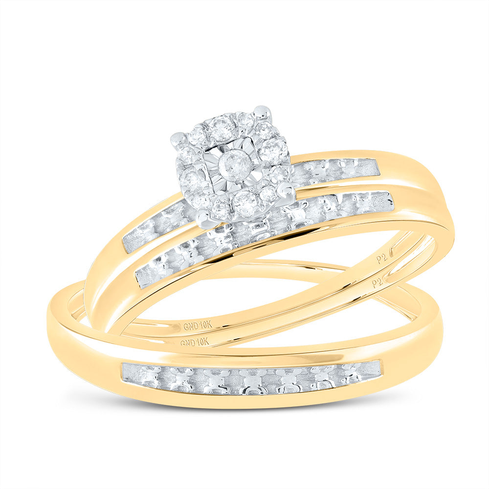 10K Yellow Gold His Hers Round Diamond Solitaire Matching Wedding Set 1/12 Cttw, Womens Size: 5-10, Mens Size: 7-13