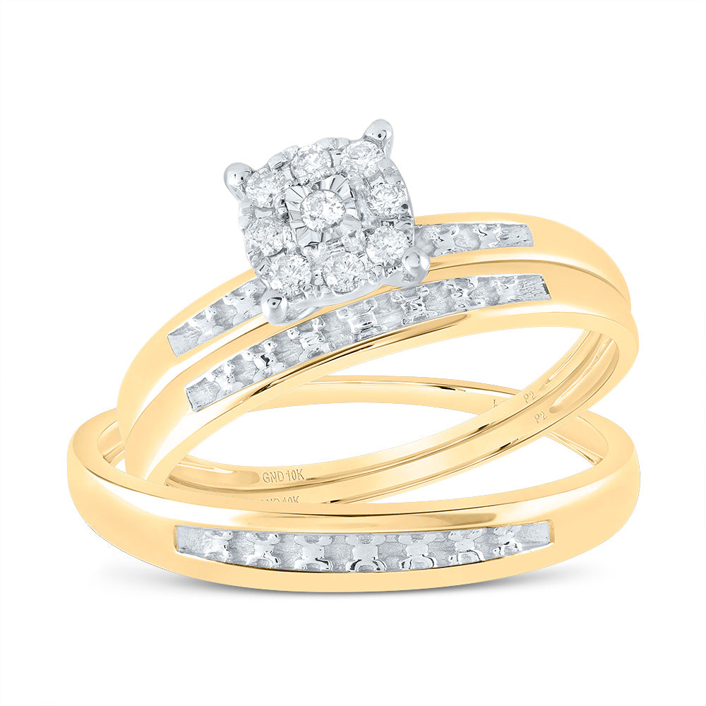 10K Yellow Gold His Hers Round Dia. Cluster Matching Wedding Set 1/10ctw, Women's Size: 5-10, Men's Size: 7-13