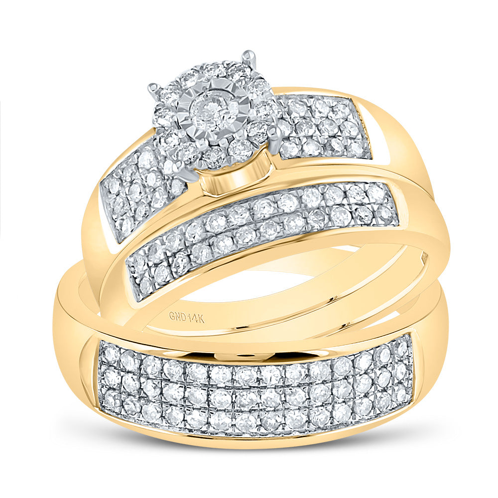 14K Yellow Gold His Hers Round Diamond Halo Matching Wedding Set 7/8ctw, Womens Size: 5-10, Mens Size: 7-13