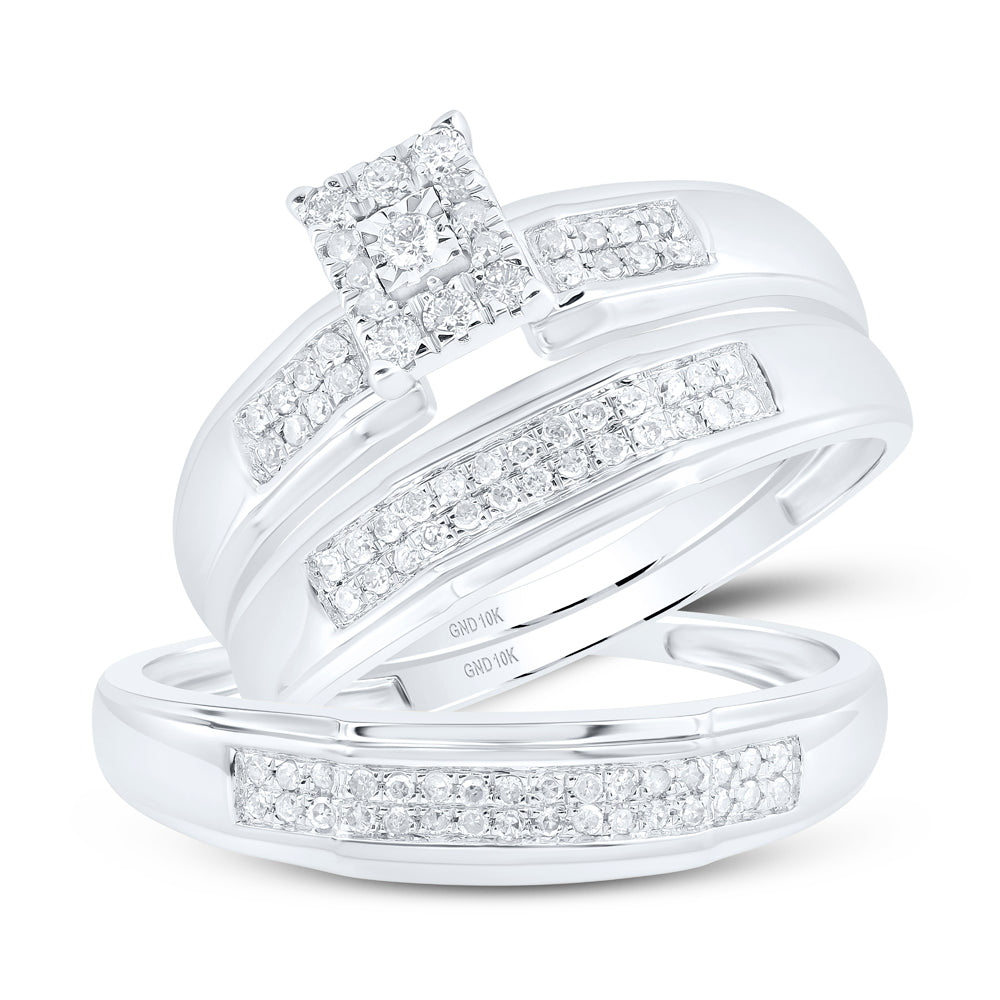 10K White Gold His Hers Round Diamond Cluster Matching Wedding Set 1/3 Cttw, Womens Size: 5-10, Mens Size: 7-13