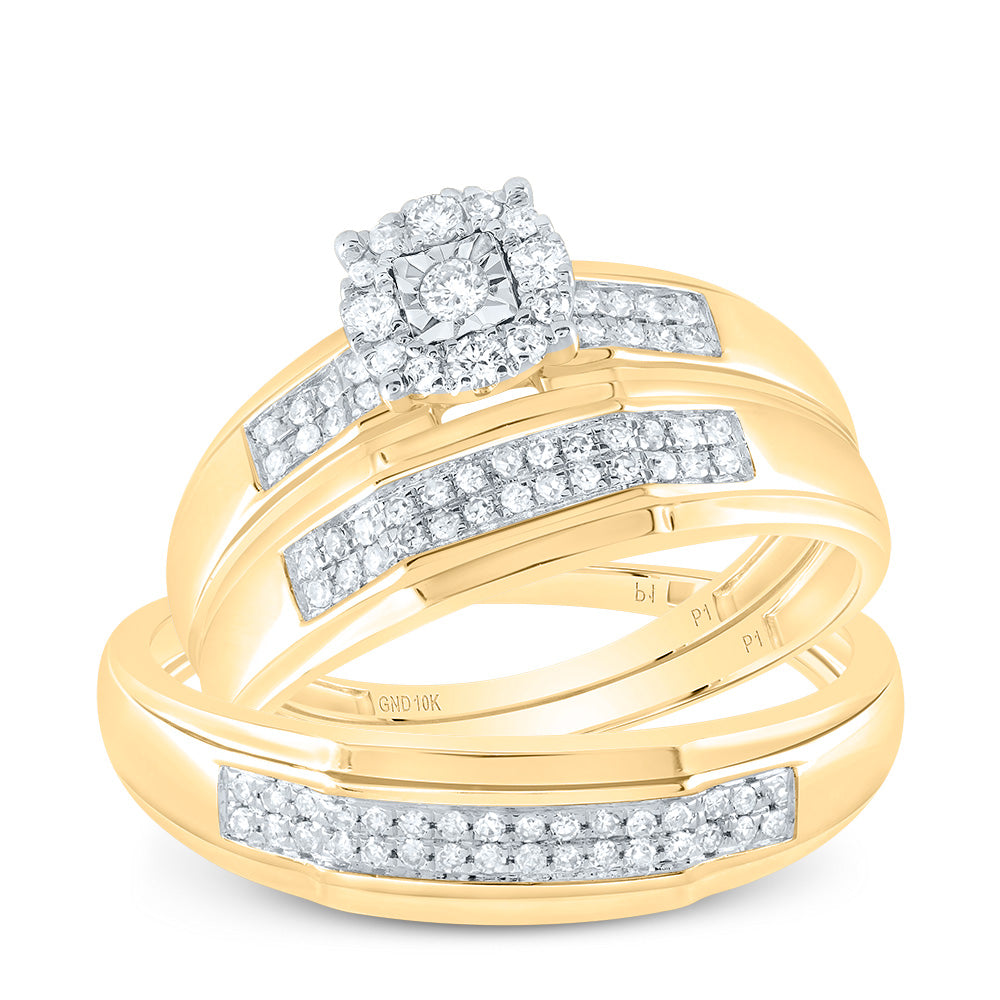 10K Yellow Gold His Hers Round Diamond Halo Matching Wedding Set 1/3 Cttw, Womens Size: 5-10, Mens Size: 7-13