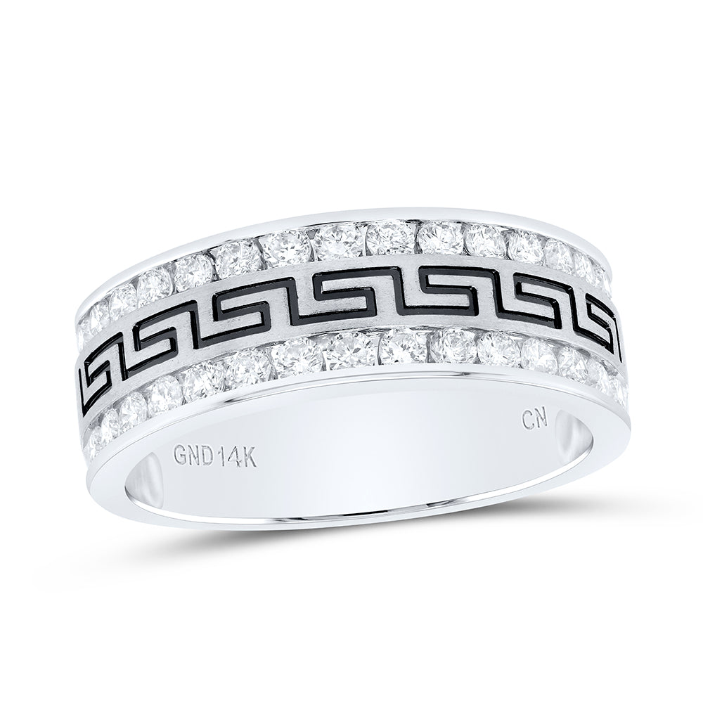 14K White Or Yellow Gold Mens Round Diamond Double Row Grecco Greek Key Wedding Band , Mens Size: 7-13