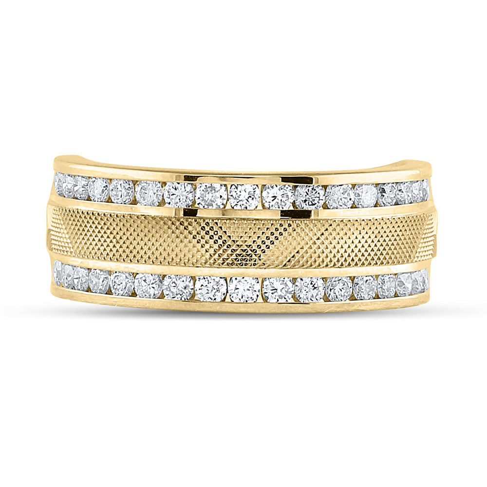 14K Yellow Gold Mens Round Diamond Double Row Textured Wedding Band Ring 1 Cttw, Mens Size: 7-13