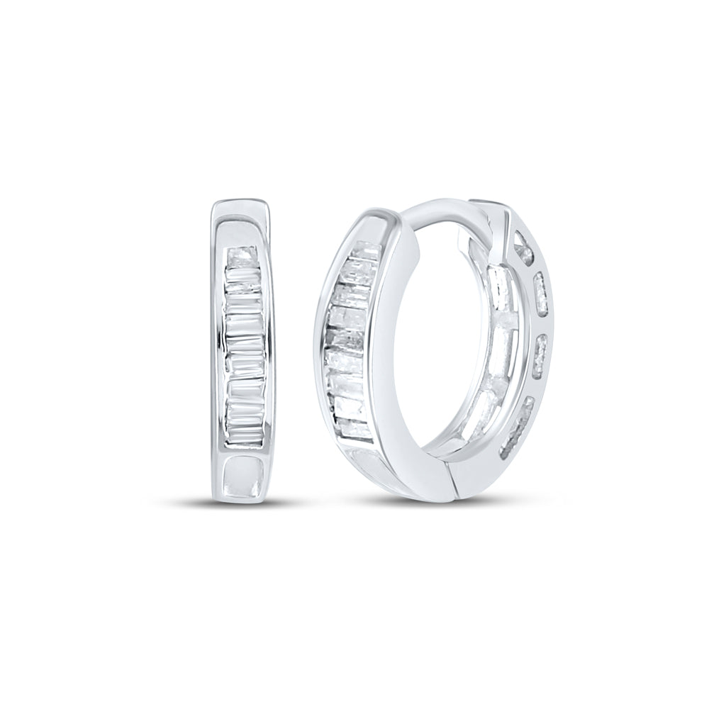 Sterling Silver Womens Baguette Diamond Huggie Earrings 1/6 Cttw, Length: 0.49 In