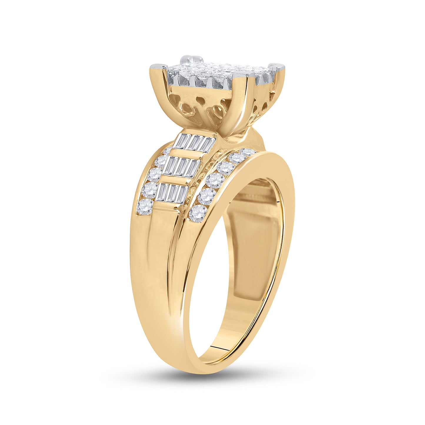 10K Yellow Gold Princess Diamond Cluster Bridal Wedding Engagement Ring 1-1/2 Cttw, Womens Size: 5-10