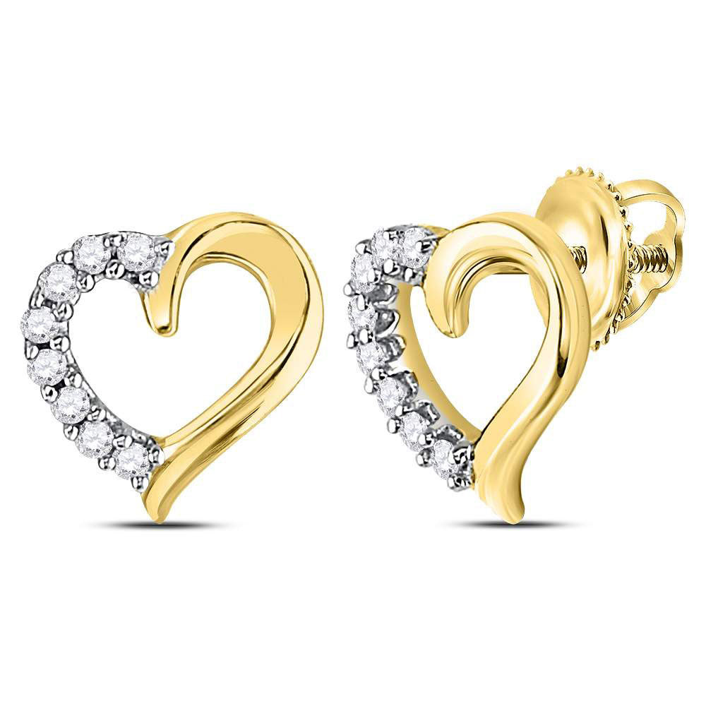 10K Yellow Gold Womens Round Diamond Heart Stud Earrings 1/10 Cttw
