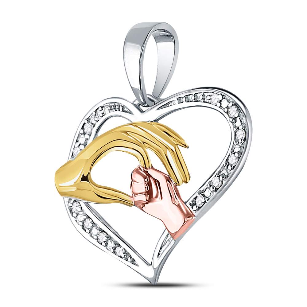 10kt Tri-tone Gold Womens Round Diamond Mom Mother Child Hands Pendant 1/12 Cttw