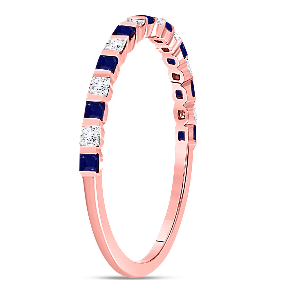 10K Rose Gold Womens Princess Blue Sapphire Diamond Stackable Band Ring 3/8 Cttw, Womens Size: 5-10