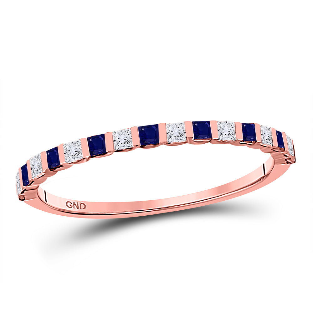 10K Rose Gold Womens Princess Blue Sapphire Diamond Stackable Band Ring 3/8 Cttw, Womens Size: 5-10