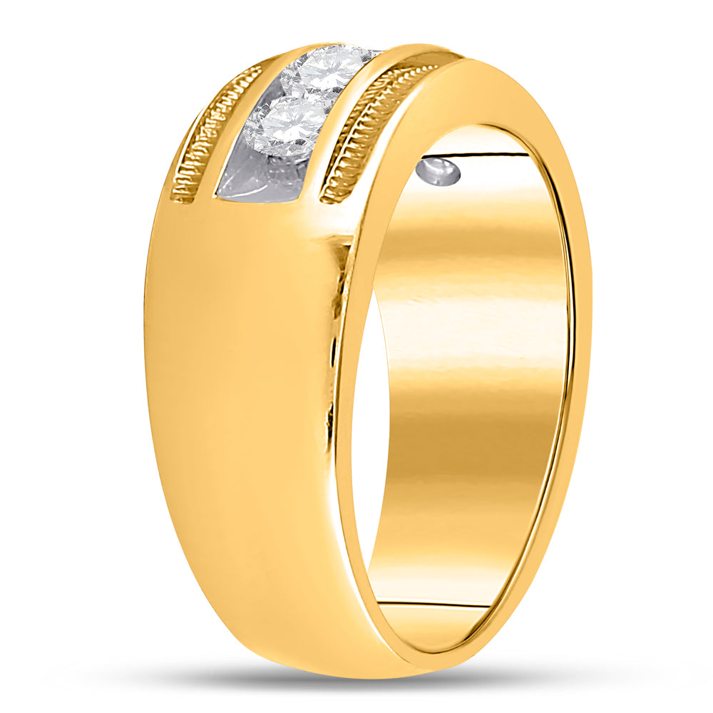 14K Yellow Gold Mens Round Diamond Single Row Textured Wedding Band Ring 1 Cttw, Mens Size: 7-13