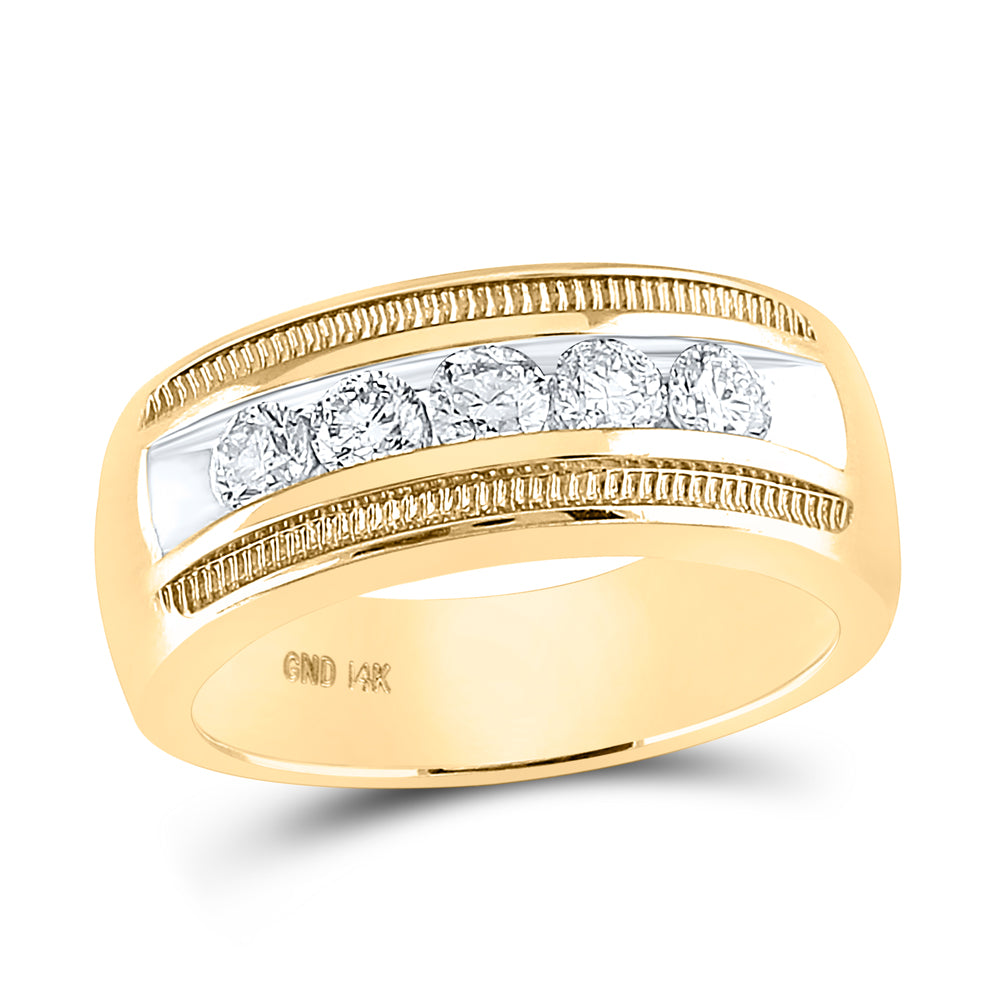 14K Yellow Gold Mens Round Diamond Single Row Textured Wedding Band Ring 1 Cttw, Mens Size: 7-13