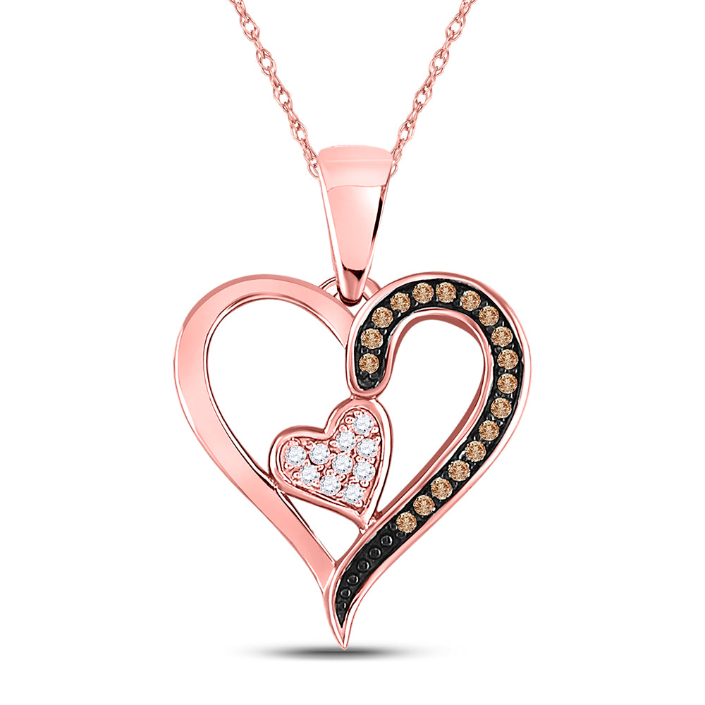 10K Rose Gold Womens Round Brown Diamond Heart Pendant 1/10ctw