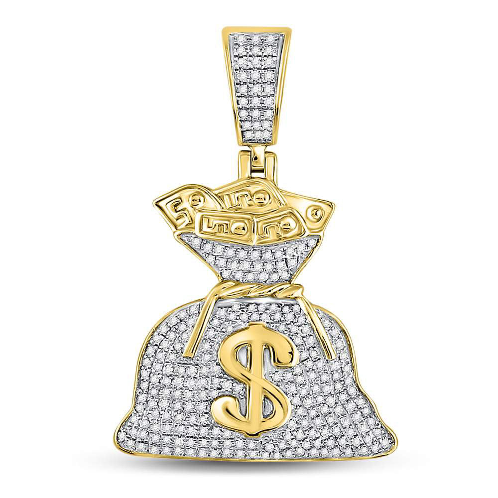 10K Yellow Gold Mens Round Diamond Money Bag Dollar Charm Pendant 1/2 Cttw, Length: 1.43 In, Width: 0.94 In