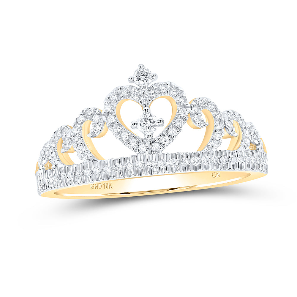10K Yellow Gold Womens Round Diamond Heart Crown Fashion Ring 1/4 Cttw, Womens Size: 5-10