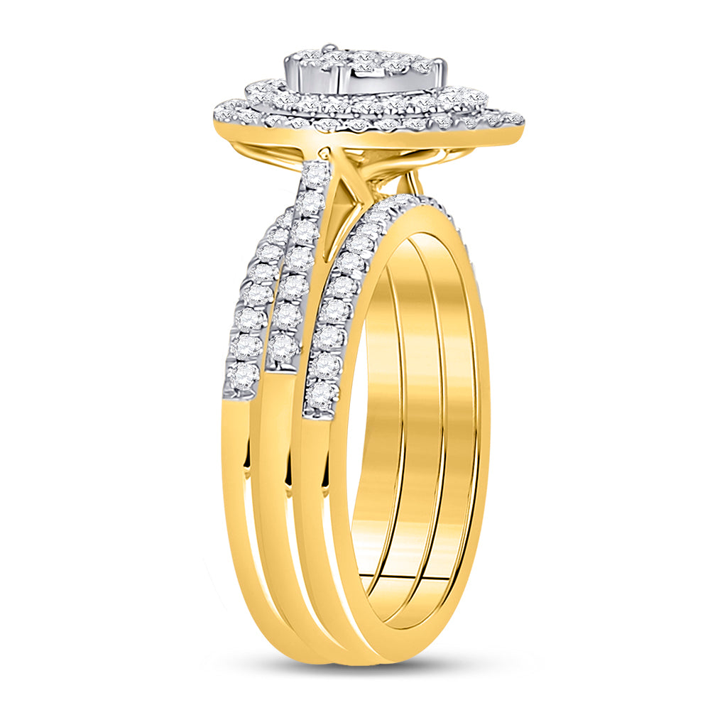 14K Yellow Gold Round Diamond Cluster 3-Piece Bridal Wedding Ring Band Set 3/4 Cttw, Womens Size: 5-10