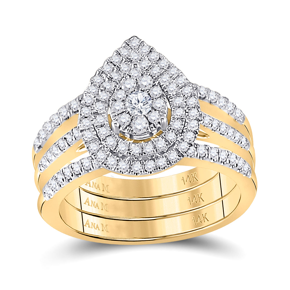 14K Yellow Gold Round Diamond Cluster 3-Piece Bridal Wedding Ring Band Set 3/4 Cttw, Womens Size: 5-10