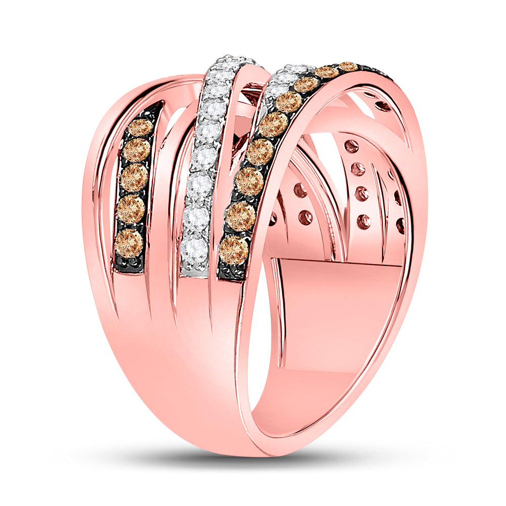 14K Rose Gold Womens Round Brown Diamond Crossover Fashion Ring 1-1/3 Cttw, Womens Size: 5-10
