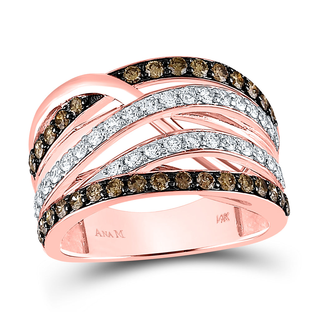 14K Rose Gold Womens Round Brown Diamond Crossover Fashion Ring 1-1/3 Cttw, Womens Size: 5-10