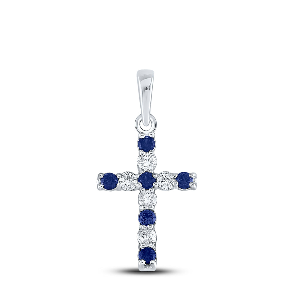 10kt White Gold Womens Round Lab-created Blue Sapphire Cross Faith Pendant 1/3 Cttw