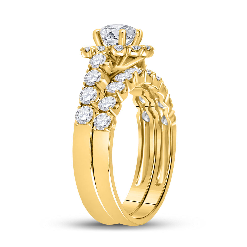 14K Yellow Gold Round Diamond Halo Bridal Wedding Ring Band Set 2 Cttw, Womens Size: 5-10