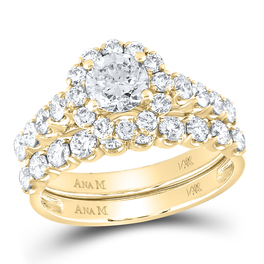 14K Yellow Gold Round Diamond Halo Bridal Wedding Ring Band Set 2 Cttw, Womens Size: 5-10