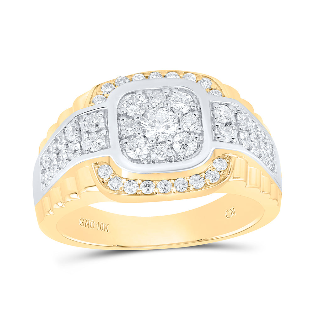 10K Two-tone Gold Mens Round Diamond Ribbed Square Cluster Ring 1-1/4 Cttw, Mens Size: 7-13