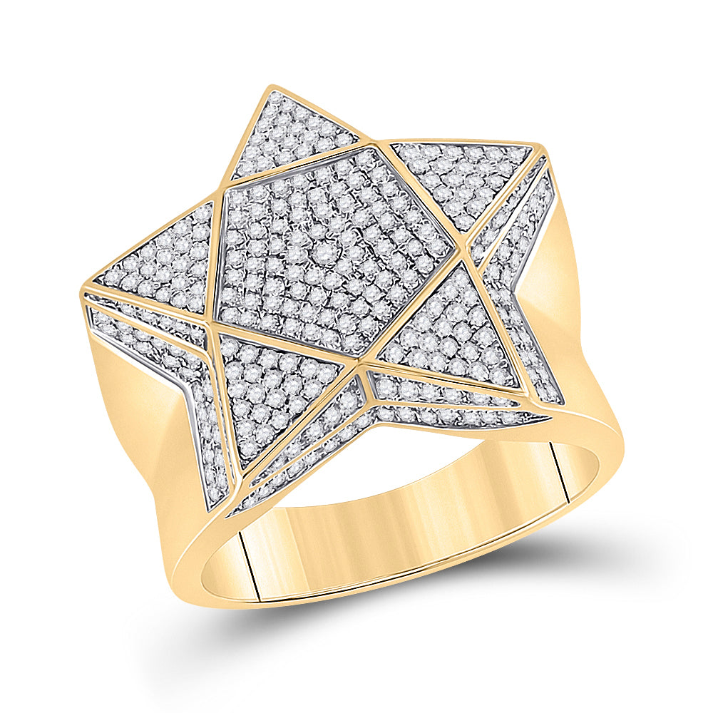 10K Yellow Gold Mens Round Diamond Star Statement Ring 1 Cttw, Mens Size: 7-13
