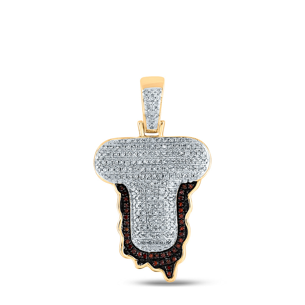 10K Yellow Gold Mens Round Red Color Enhanced Diamond Letter Blood Charm Pendant