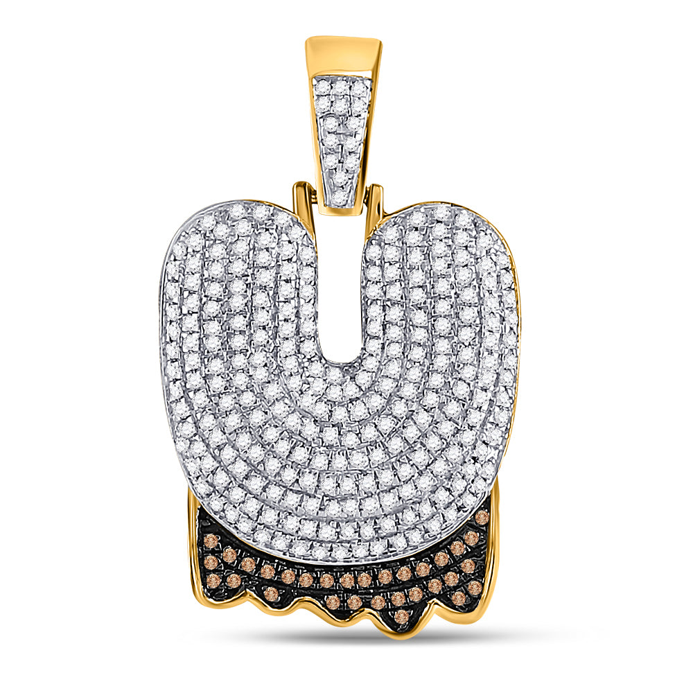 10K Yellow Gold Mens Brown Color Round Enhanced Diamond ""U"" Letter Charm Pendant 3/4 Cttw