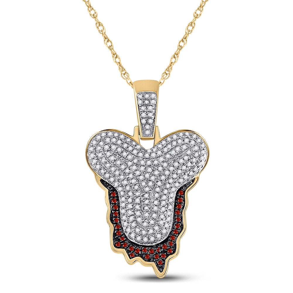 10K Yellow Gold Mens Round Red Color Enhanced Diamond Letter Charm Pendant
